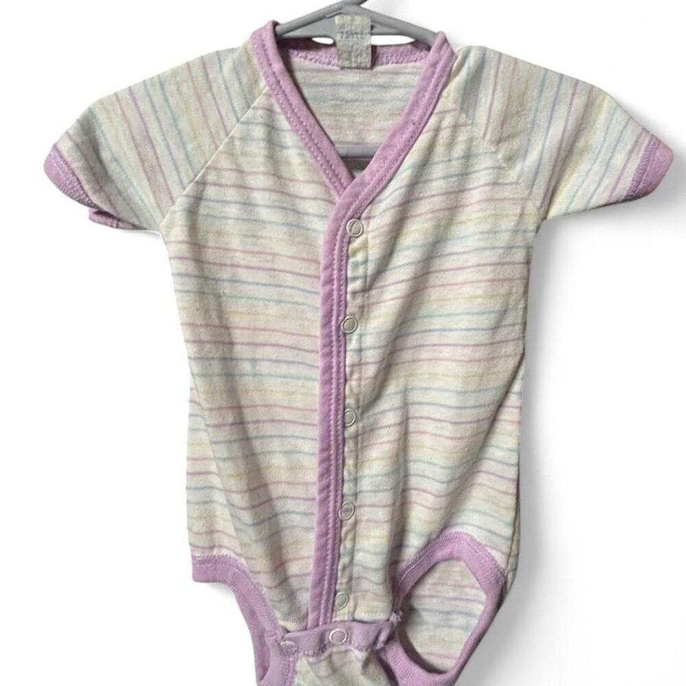 Vintage 90s pastel striped baby one piece with light purple trim and snaps